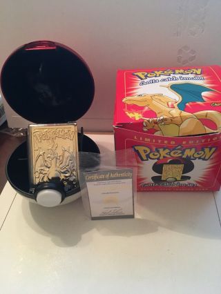 1999 Limited Edition Pokemon 23k Gold Plated Trading Card Charizard W/ Poke Ball