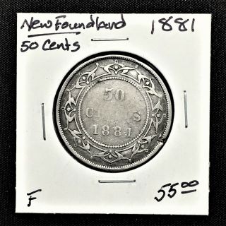 1881 Newfoundland Canada Silver 50 Cents Queen Victoria Scarce Coin F