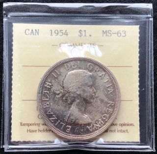 1954 Canada Silver $1 Dollar Coin Iccs Graded Ms - 63 Great Detail