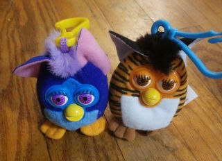Two 2000 Mcdonalds Mini Furby Backpack Clip - On Plush Keychain Toys Tiger & Eleph
