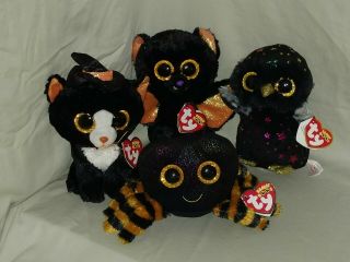Set Of 4 Ty Halloween 6 " Beanie Boo Witchie Cat Hyde Owl Echo Bat Cobb Spider