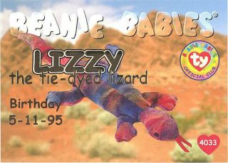 Ty Beanie Babies Bboc Card - Series 1 Birthday (gold) - Lizzy The Tie - Dyed Lizard