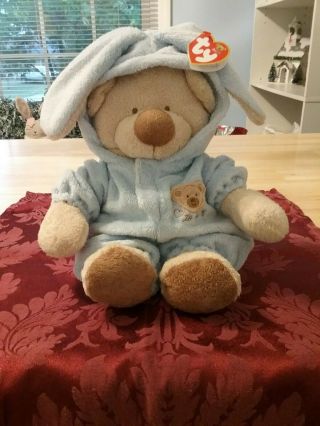 8 " Ty Pluffies Love To Baby Teddy Bear With Blue Bunny Pjs