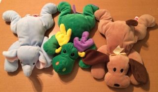 3 Ty Pillow Pals: Squirt The Elephant,  Woof The Dog,  And Green Antlers The Moose