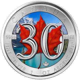 $5 Dollar 30th Anniversary Silver Maple Leaf Canada 1 Oz Silver 2018 Coloured