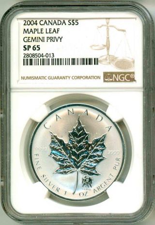 2004 $5 Canada Maple Leaf Zodiac Series Gemini Privy Mark Ngc Sp65