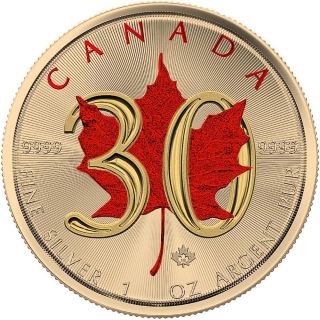 Canada 2018 5$ Maple Leaf 30th Anniversary 1 Oz Gilded Silver Coin