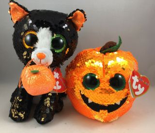 Set Of 2 Ty Halloween 6 " Seeds Pumpkin & Jinx Cat Beanie Boos Sequin Plush Mwmts