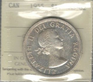 1955 Silver Dollar Iccs Ms - 62 Low Mintage Early Qeii Bu Canada $1.  00