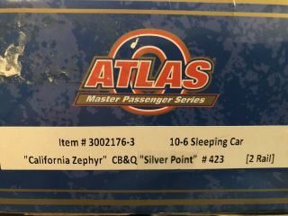 Atlas O 2 - Rail California Zephyr 3002176 - 3 Cb&q Silver Point 423 10 - 6 Sleeper