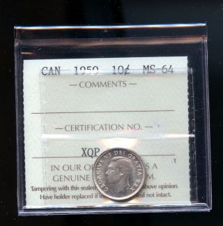 1950 Canada Silver 10 Cents Iccs Certified Ms64 Dcd52