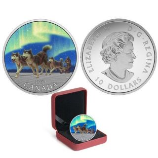 2017 Under Northern Lights $10 1/2oz Pure Silver Proof Coin Canada: Dog Sledding