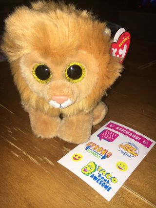 Retired Ty Beanie Babies Louie The Lion 6 Inches,  Justice Stickers Have Courage