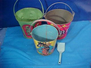 3 - 1930s Toy Metal Sand Pails W 3 Little Pigs - Fire Bucket,  6 Sided W Kids Design