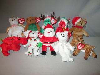 Ty Assortment Of Ten Christmas Jingle Beanies Nwt Santa Rudolph Bears