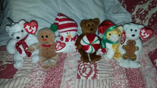 6 Ty Jingle Beanies 2000 Holiday Teddy/sweetsy/snowman/ Yummy/jangle/goody