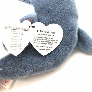 Ty Beanie Baby Retired RARE 1996 Echo the Dolphin - PVC Pellets / ERRORS 3