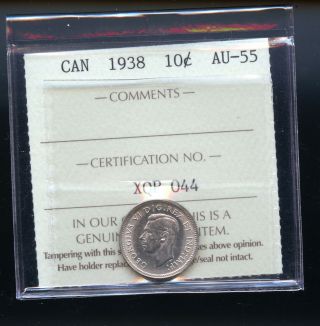 1938 Canada Silver 10 Cents Iccs Certified Au55 Dcd50