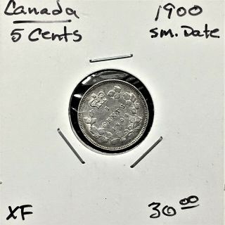 1900 Canada 5 Cents Coin " Small Date " Queen Victoria Silver Xf