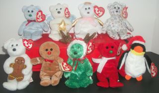 9 Pc Ty Jingle Beanies Christmas Ornaments Bears Snowman Sweetsy Goody Tags 5 "