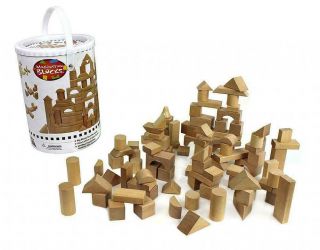Wooden Blocks - 100 Piece Natural Wood Building Block Set With Carry Canister
