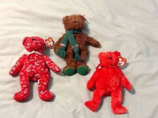 Christmas Beanie Babies Set Of 3 - Candy Canes,  Sizzle & Season Greetings Bears