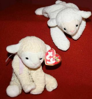 2 Ty Beanie Babies " Fleecie & Fleece " Lamb Sheep Ewe Plush Stuffed Animal Toy