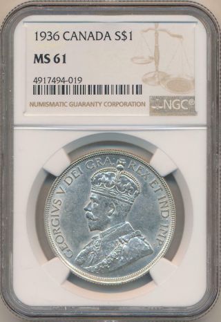 1936 Canada Silver Dollar.  Ngc Ms61