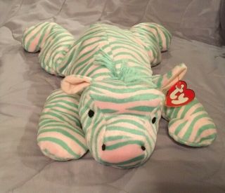 Zulu The Pink/green Zebra Ty Beanie Baby Pillow Pal With Tag