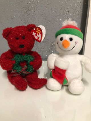 Ty " 2006 Holiday Teddy " Bear Beanie Baby & 2010 Stucking Snowman Set Christmas