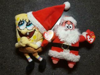 Spongebob Santa Jolly Elf 8 " & Patrick Claus 7 " Ty Beanie Babies Plush Christmas