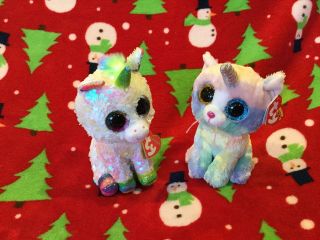 Ty Flippables 6 " Pixy Unicorn Beanie Boo Color Sequin Plush & Heather Cat 2 - Pack