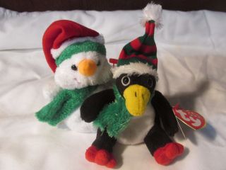 Ty Jingle Beanies 2004 Retired 2 Pc Set Toboggan The Penguin Melton The Snowman