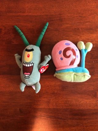 Ty Beanie Babies Sheldon Plankton & Gary The Snail Plush Toys Stuffed Animals