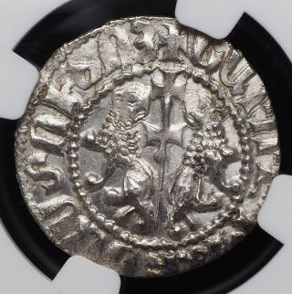 Cilician Armenia.  Levon I.  1198 - 1219.  Silver Tram.  Lions rampant.  NGC Unc Detail 2