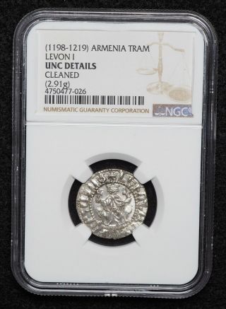 Cilician Armenia.  Levon I.  1198 - 1219.  Silver Tram.  Lions rampant.  NGC Unc Detail 3