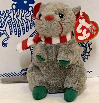 Ty Baby Beanies Dickens The Grey Christmas Mouse Ornament 4.  5 " Plush Doll Nw