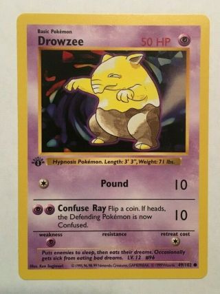 Drowzee 49/102 Pokémon Card Base Set First Edition Shadowless 1st Ed Nm M