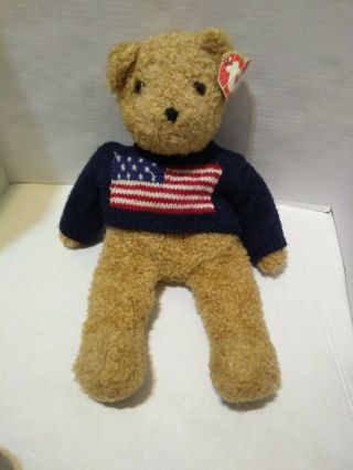 Nwt 18” 1990 Ty Curly Bear W/flag Sweater American Patriotic Plush Beanie Usa