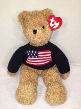 Nwt - 17” 1990 Ty Curly Bear W/flag Sweater American Patriotic Plush Beanie