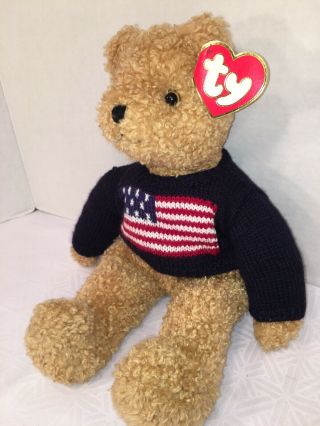 NWT - 17” 1990 Ty Curly Bear w/Flag Sweater American Patriotic Plush Beanie 2