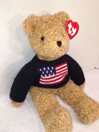 NWT - 17” 1990 Ty Curly Bear w/Flag Sweater American Patriotic Plush Beanie 3