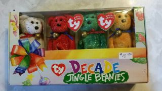 Ty Club Jingle Beanies Babies Set Of 4 Decade Bears White Red Green Gold -