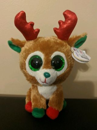 Ty Beanie Boo Alpine Christmas Reindeer W/glitter Eyes Red Antlers Doll Retired