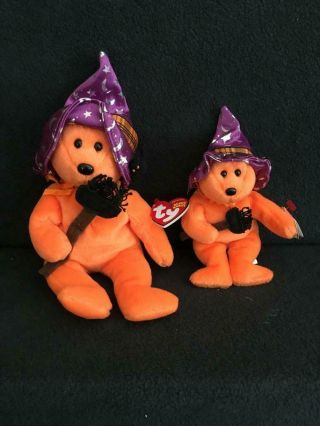 2 Ty Beanie Baby Orange Bear Prunella & Halloweenie Pocus Witch Purple Hat