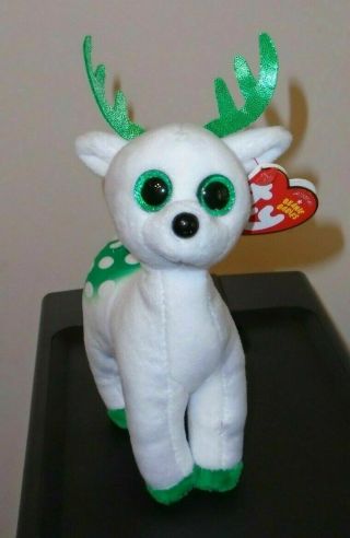 Ty Beanie Baby PEPPERMINT the Green & White Reindeer (6 Inch) MWMT 2