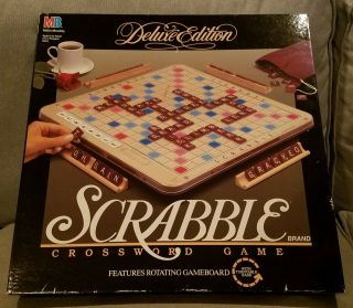 1989 Scrabble Deluxe Edition Wood Tiles Turntable Rotating Base Board Game