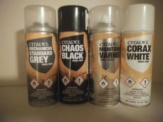 Wh Citadel Spray Paints - Corax White,  Chaos Black,  Mech.  S.  Gray,  Matte Varnish