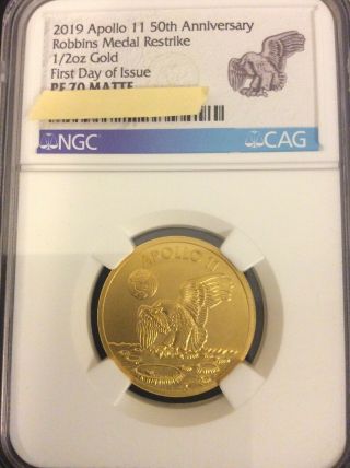 Apollo 11 50th Robbins Medal 1/2 Oz Gold First Day Issue Ngc Pf70 Matte W Box