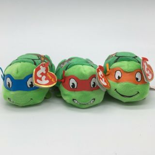 Set Of 3 Ty Beanies Teeny Tys - Plush Soft Toys - Teenage Mutant Ninja Turtles.